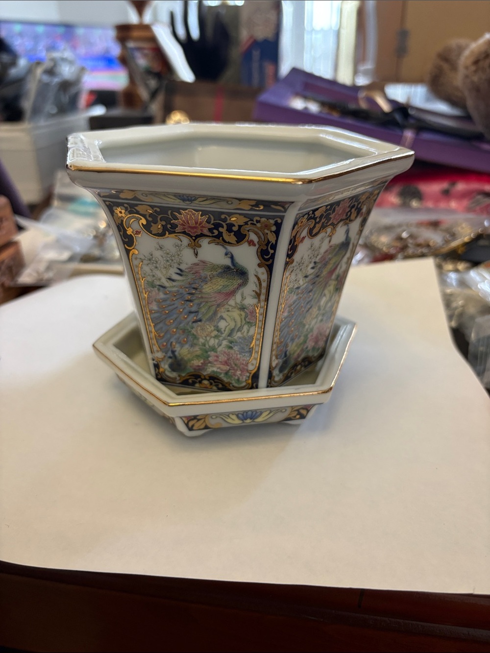 Vintage  Hexagonal Peacock Porcelain Planter With Drainage Tray - Picture 7 of 7